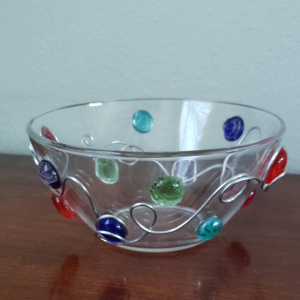 Arcoroc France Glass Bowl with Wire and Bead Accents